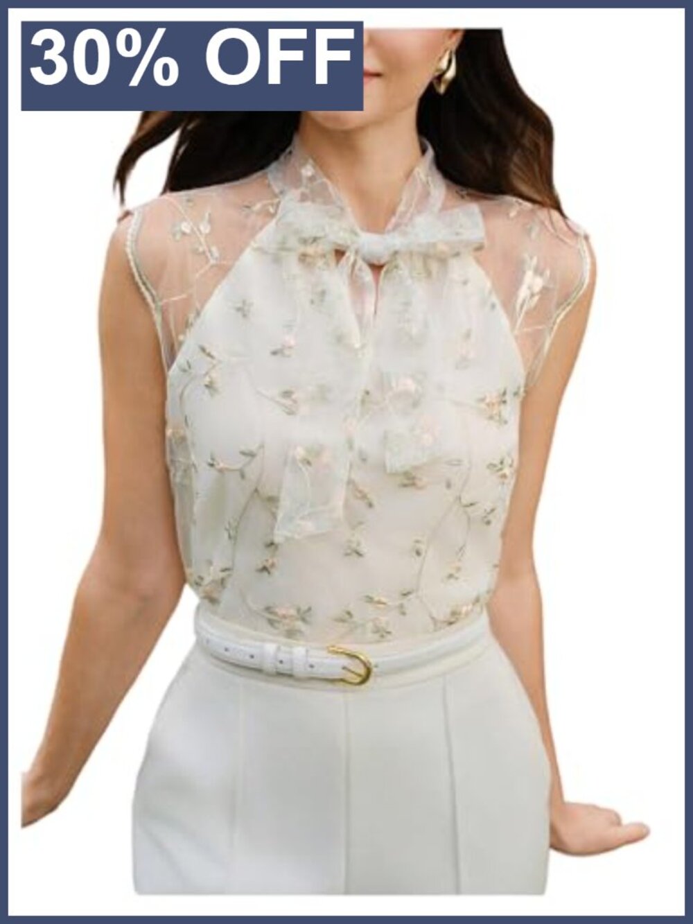 Sheer Mesh Blouse Sleeveless Self Tie Bow Mock Neck Floral Embroidery